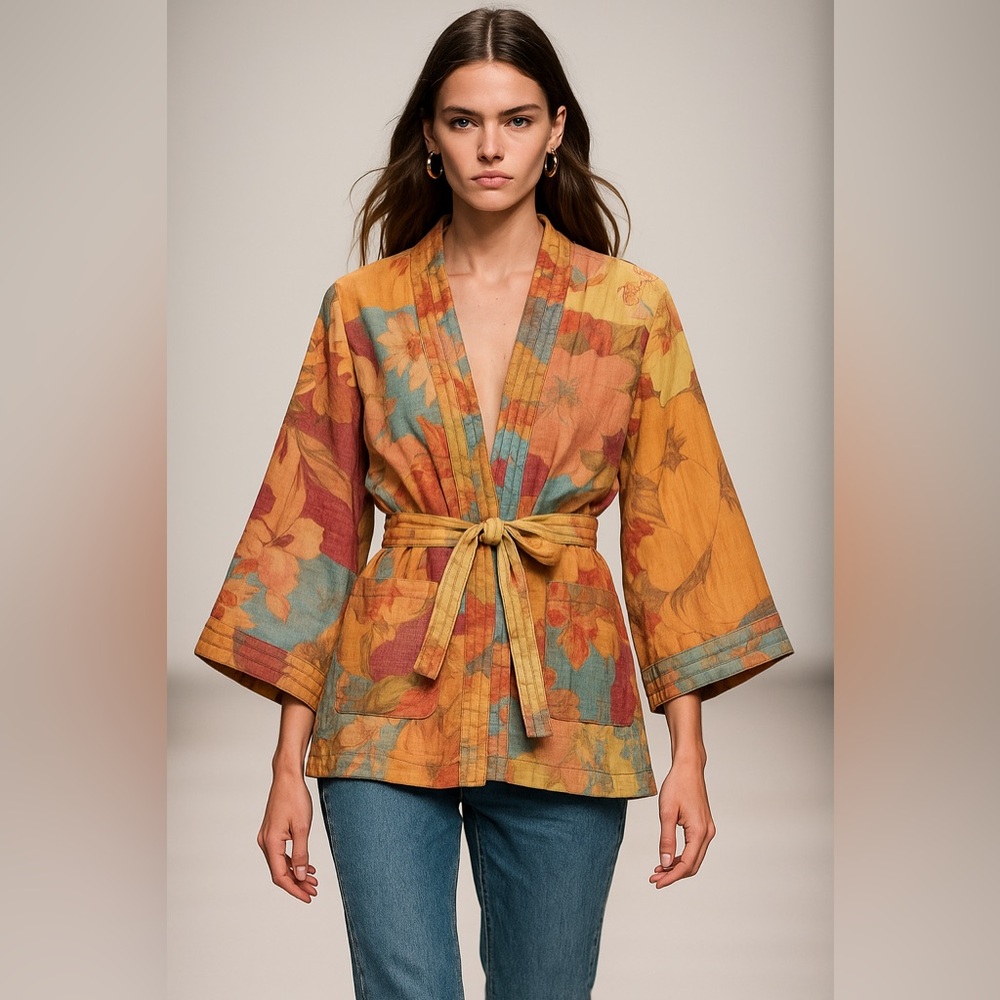 ZARA Patchwork Kimono Jacket Belted SashBoho Artisan Floral Print m /L